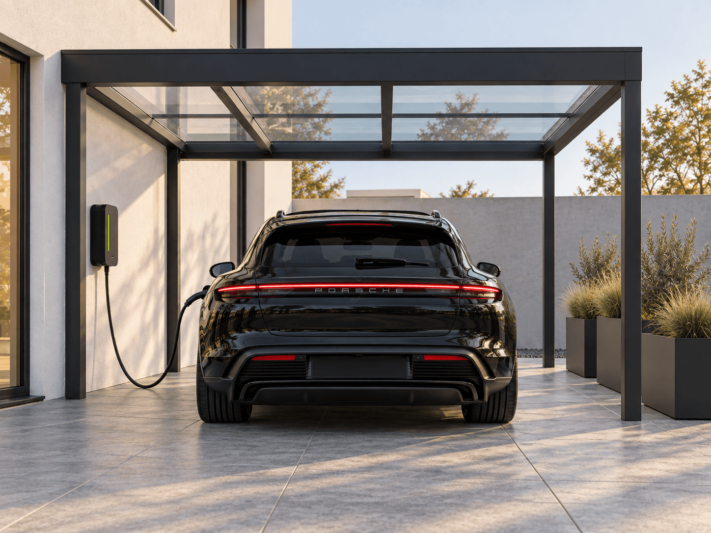 Illustrative image: a car charging under a carport at a home