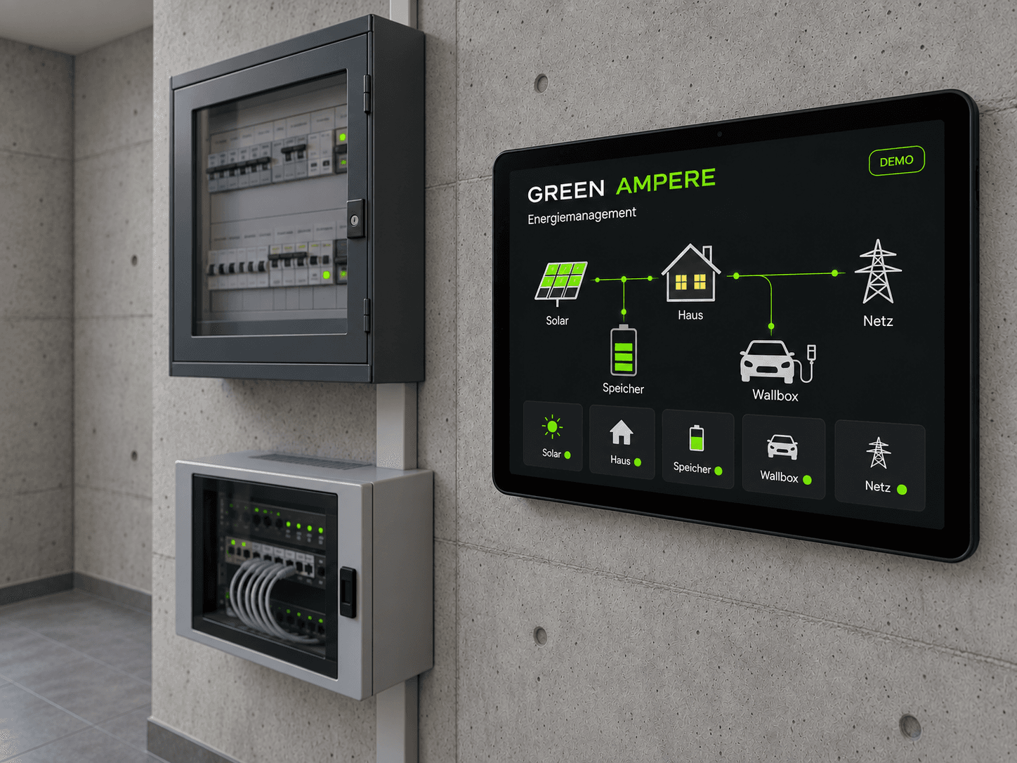 Illustrative image: tablet with energy management interface (demo) next to a home's fuse box