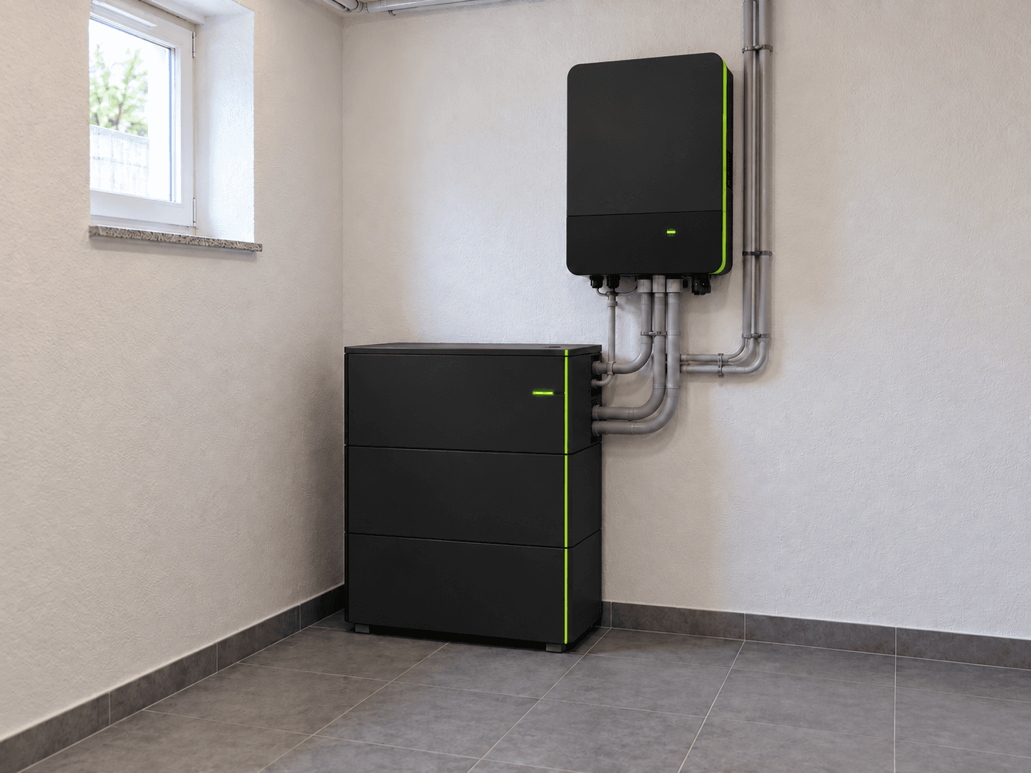 Illustrative image: battery storage and inverter in a home utility room