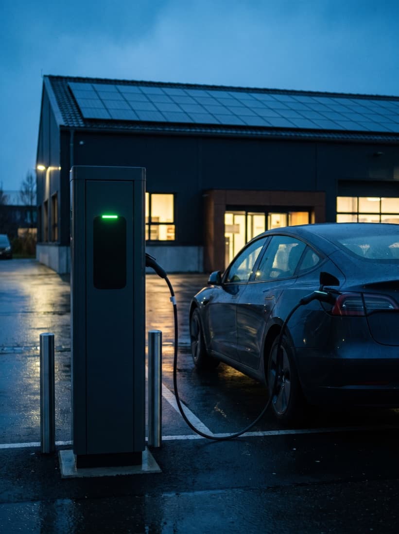 Illustrative image: charging column with a charging vehicle in front of a commercial building with photovoltaics